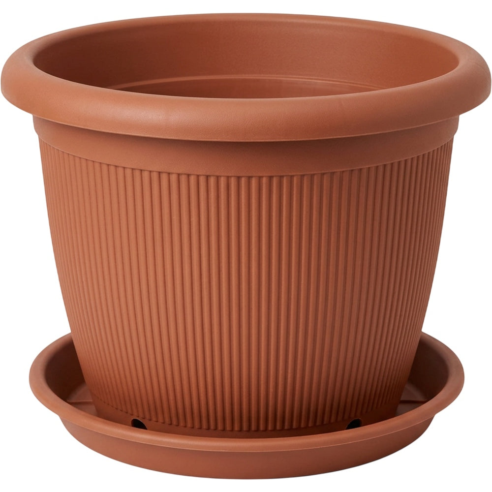 Ybdwn Ribbed Round Plastic Planter with Saucer 12 in Clay Brown - Product view