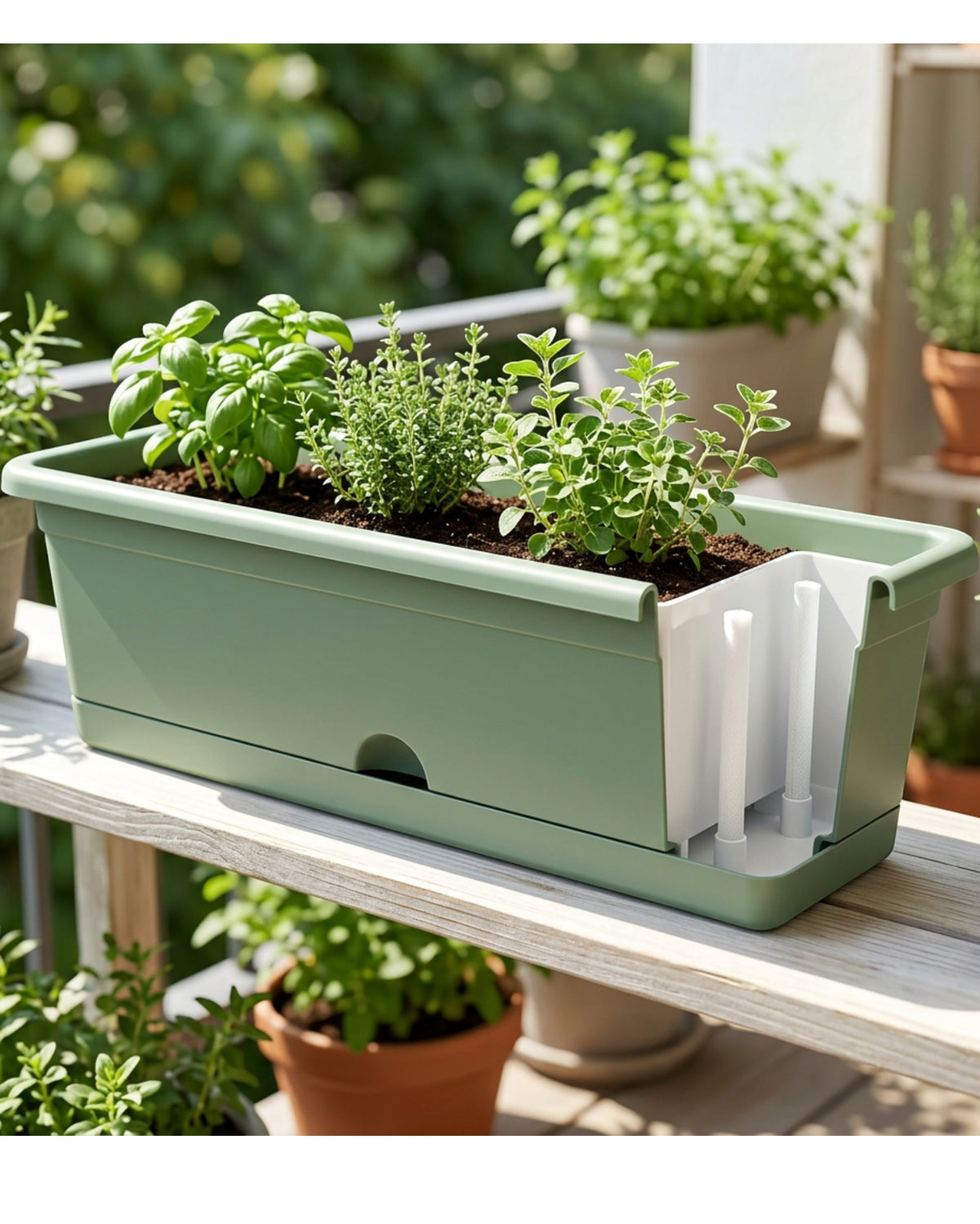 Ybdwn Self-Watering Window Planter 24 in Sage Green - Lifestyle view